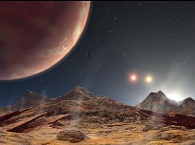 La superficie de un planeta en un sistema estelar trinario
