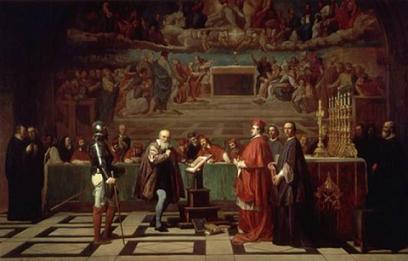 Grabado del juicio de Galileo