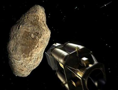 Representacin de una nave tripulada llegando a un asteroide