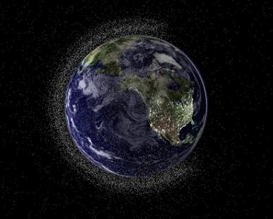 Vista de la Tierra con desechos espaciales en rbita baja